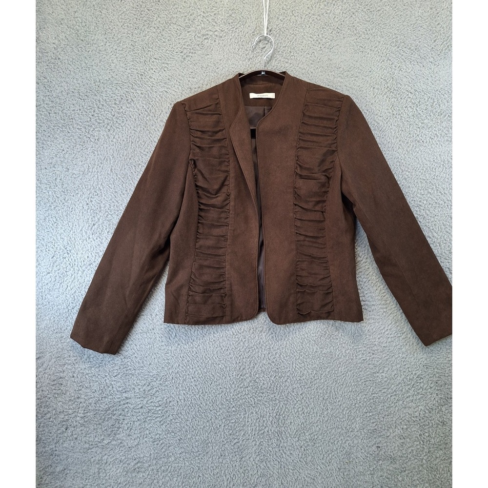 Dressbarn Blazer Jacket Women's M Brown Lined Ruffle Trim Long Sleeve Open Front